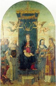 The Virgin And Child Enthroned, With Ss. Michael,           Bernardino Of Siena, Clare And Stephen; Two Angels Holding by  Macrino d'Alba