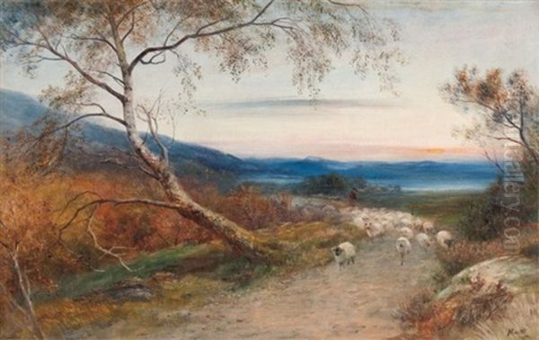 Shepherd And Flock At Sunset - view 1