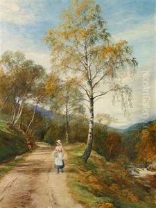 En Ung Pige Og En Lille Dreng Pa En Skovsti Ved En Flod by John MacWhirter