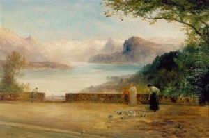 Lake Lucerne With Women Feeding Pidgeons In The Foreground