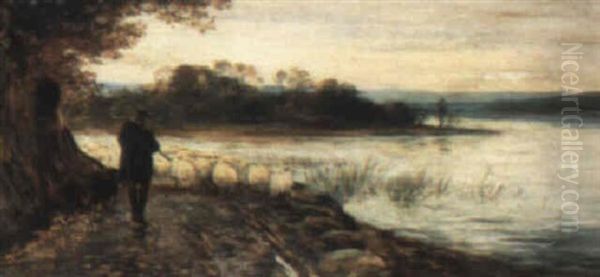 Tending Sheep On A Riverside Path - view 1