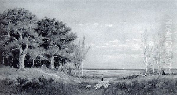 Sheep And Herdsman In A Pasture - view 1