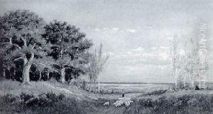 Sheep And Herdsman In A Pasture by William Ferdinand Macy