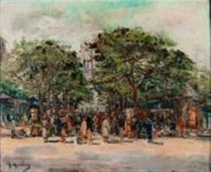 Le Marche Au Fleurs Et Notre-dame De Paris by Gustave Madelain