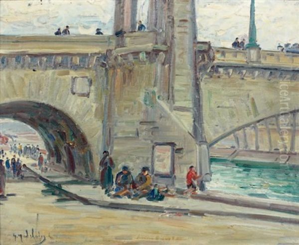 Promeneurs Et Pecheurs Sous Un Pont De Seine - view 1