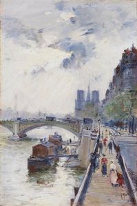 Seineufer Mit Angelegten Booten Mit Notre Dame Im Hintergrund by Gustave Madelain