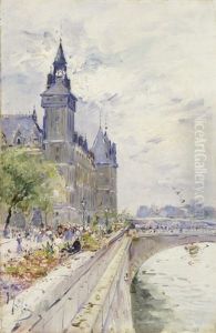 Pariser Blumenmarkt Am Seineufer by Gustave Madelain