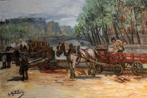 Chargement De La Peniche Sur La Seine A Paris by Gustave Madelain