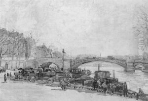 Debarquement Des Peniches Sur La Seine A Paris by Gustave Madelain