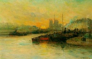 Paris: Les Quais Et Le Chevet De Notre-dame Au Soleil Couchant by Gustave Madelain