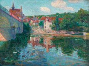 Sommerliche Flusslandschaft Mit Alter Brucke Sommerliche Flusslandschaft Mit Alter Brucke