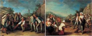 Paysans Jouant Aux Des; Scene De Battage Du Ble by Pierre Bergaigne