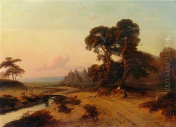 An Extensive Wooded Landscape With A Shepherd And Flock On A Sandy Track - view 1