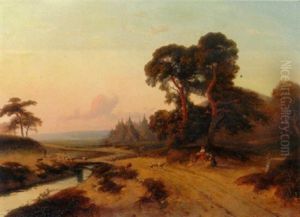 An Extensive Wooded Landscape With A Shepherd And Flock On A Sandy Track