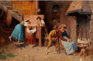 Italienische Genreszene In Einerbauerlichen Kate by Francesco Bergamini