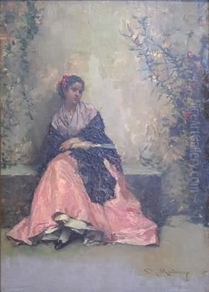 Spanish Lady Sitting Against A Garden Wall - view 1