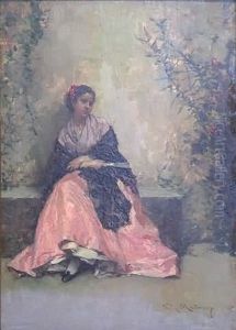 Spanish Lady Sitting Against A Garden Wall by Raimundo de Madrazo y Garreta