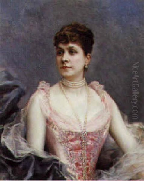 Portrait Of A Lady, In A Pink Dress And Pearl Necklace - view 1
