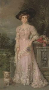Portrait Of A Lady In A Pink Dress, Standing Alongside Her Dog
