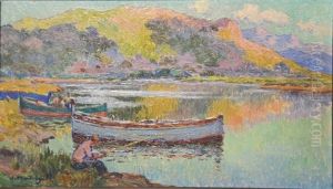 Pecheurs En Bord De Riviere En Corse by Olynthe Madrigali