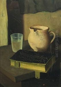 Still Life With A Jug, Glass And Book On A Table by Jeppe Madsen Ohlsen