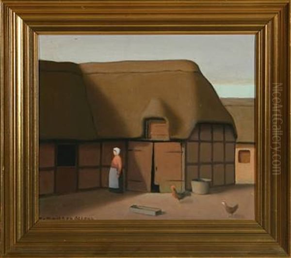 Girl And Two Roosters In A Courtyard - view 1