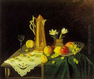 Opstilling Med Kande, Blomster Og Frugter Pa Et Bord by Jeppe Madsen Ohlsen