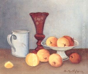 Opstilling Pa Et Bord Med Vase, Krus, Skal Og Frugter Opstilling Pa Et Bord Med Vase, Krus, Skal Og Frugter