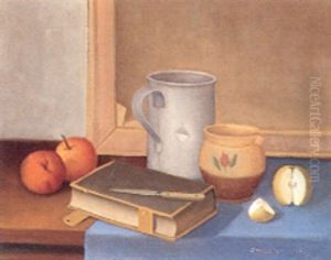 Nature Morte Med Aebler, Kander, Bog Og Kniv Pa Et Bord, I Baggrunden Bagsiden Af Et Maleri
