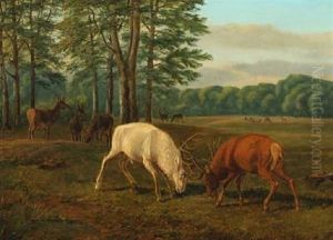 Landscape With Two Deer In Battle by Andreas Peter Madsen