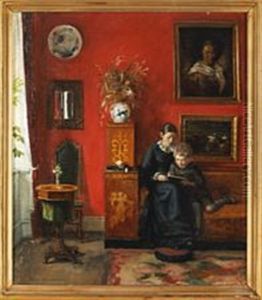 Interior A Woman And A Little Boy by Karl Johan Vilhelm Madsen