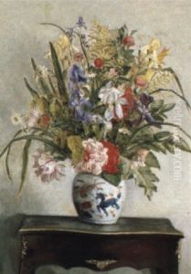Opstilling, Brogede Blomster I Vase, Pa Et Bord by Karl Johan Vilhelm Madsen