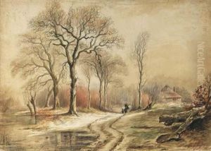 A Hilly Landscape With Travellers On A Road, A Village Nearby by Bernardus Gerardus Ten Berge