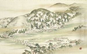 Reges Treiben Am Ufer Eines Flusses Uber Den Eine Brucke Geht, Auf Der Sich Zahlreiche Personen Tummeln by Bunrin Maekawa