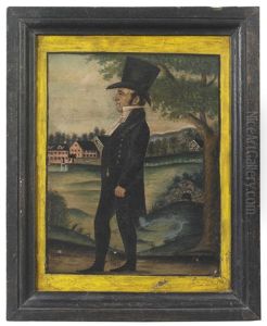 Portrait Of A Gentleman Wearing A Top Hat In A Landscape With Stone Buildings, Stream And Tree, Believed To Be The Hanover Area Of York County Pa