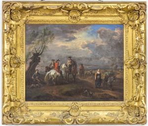 Elegant Huntsman On A Road With A Vagabond Girl On A Donkey Elegant Huntsman On A Road With A Vagabond Girl On A Donkey