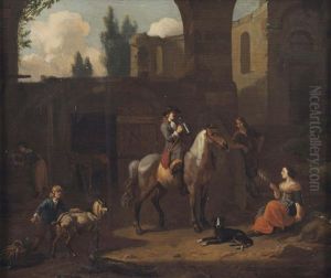A Traveller On Horseback, Resting By A Stable With Other Figures A Traveller On Horseback, Resting By A Stable With Other Figures