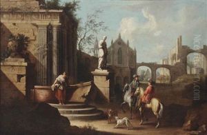 A Capriccio Of Classical Ruins With Two Gentlemen On Horseback By A Well With A Washing Maid by Dirk Maes