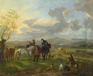 Eine Vornehme Jagdgesellschaft Bei Der Rast In Einer Hugeligen Landschaft Eine Vornehme Jagdgesellschaft Bei Der Rast In Einer Hugeligen Landschaft