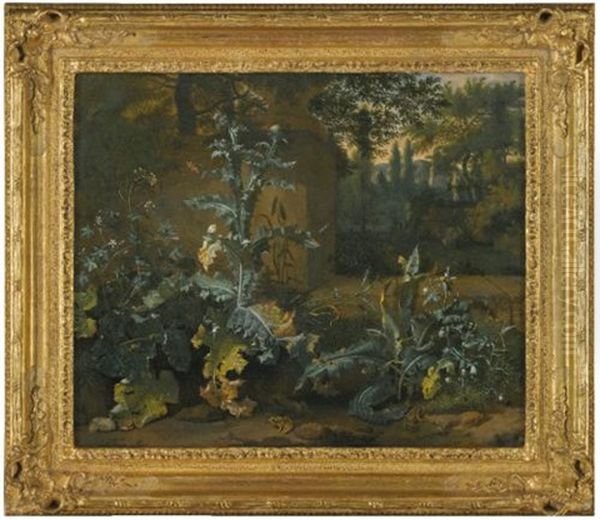 Thistles, Dock, And Other Forest-floor Plants In A Parkland Setting With Frogs, Butterflies, And Snails - view 1