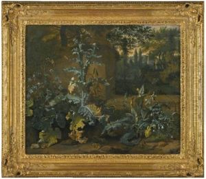 Thistles, Dock, And Other Forest-floor Plants In A Parkland Setting With Frogs, Butterflies, And Snails Thistles, Dock, And Other Forest-floor Plants In A Parkland Setting With Frogs, Butterflies, And Snails