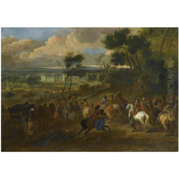 An Extensive Wooded Landscape With King Louis Xiv And His Company Returning From The Hunt, A View Of The Palace Of Versailles Beyond by Dirk Maes