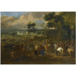 An Extensive Wooded Landscape With King Louis Xiv And His Company Returning From The Hunt, A View Of The Palace Of Versailles Beyond