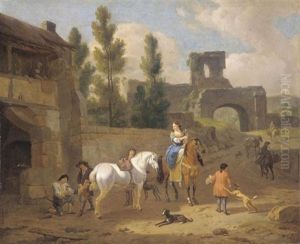 An Italianate Landscape With Elegant Figures Outside A Blackmith's Forge An Italianate Landscape With Elegant Figures Outside A Blackmith's Forge