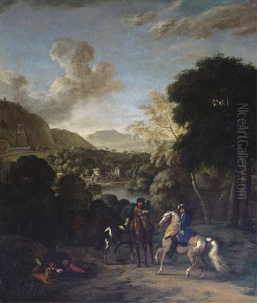 A Hawking Party In A Wooded Landscape With A Villa By A Lake Beyond - view 1