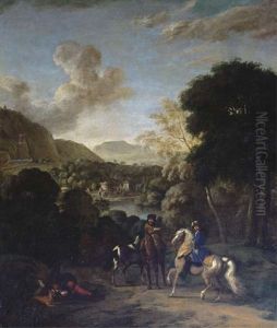 A Hawking Party In A Wooded Landscape With A Villa By A Lake Beyond A Hawking Party In A Wooded Landscape With A Villa By A Lake Beyond