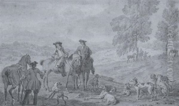 Reitergesellschaft Mit Ihren Hunden, Weiter Blick In Die Hugelige Landschaft - view 1
