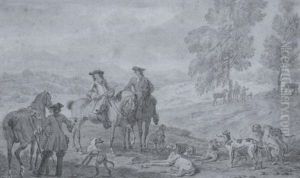 Reitergesellschaft Mit Ihren Hunden, Weiter Blick In Die Hugelige Landschaft by Dirk Maes