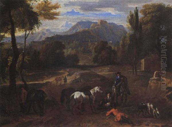 Sportsmen Resting In An Open Field In A Mountainous Wooded Landscape - view 1