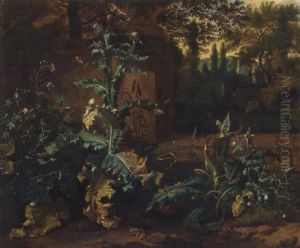 Frogs, Butterflies And Snails Amid Undergrowth Near A Wall, An Italianate Garden Beyond